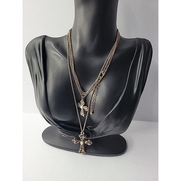 Vintage Necklace Chain Gold Tone Cross Pendant Crystal White Bead Jewelry - Picture 6 of 14